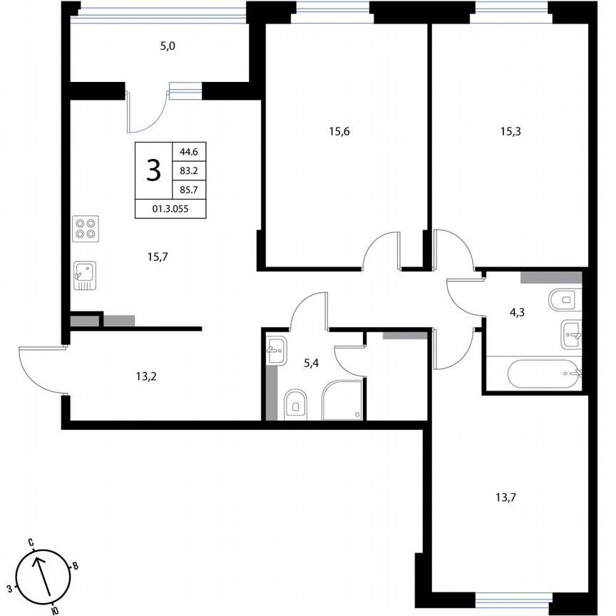 3-к. квартира, 85,7 м², 3/3 эт.
