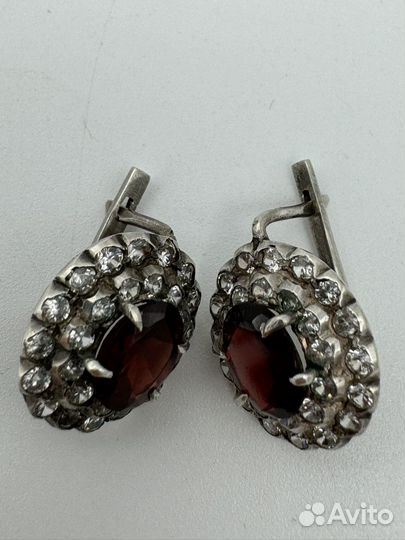Серьги серебро гранат фианит малинка винтаж