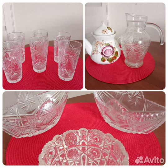 Хрустальные стаканы и вазы, чайник заварочный