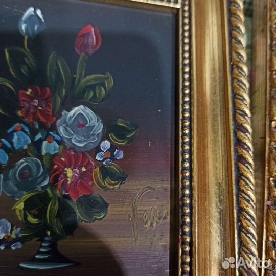 Старые картины Букет маслом на меди. Италия