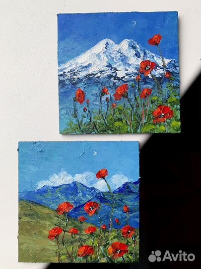 Картина-магнитик Эльбрус поле с маками 7,5*7,5 см
