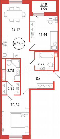 2-к. квартира, 64,1 м², 12/12 эт.
