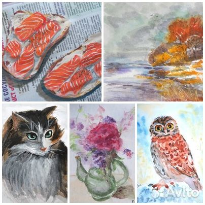 Картины акварель цветы пейзаж кошки птицы этюды