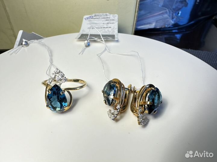 Комплект серьги и кольцо с лондон топазом 17,5р