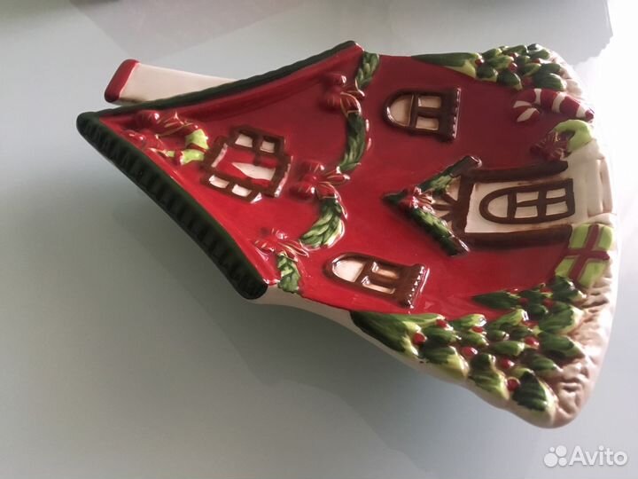 Тарелка новогодняя декоративная. Тарелка домик. Ро