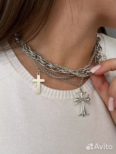 Цепь чокер с крестом многослойная