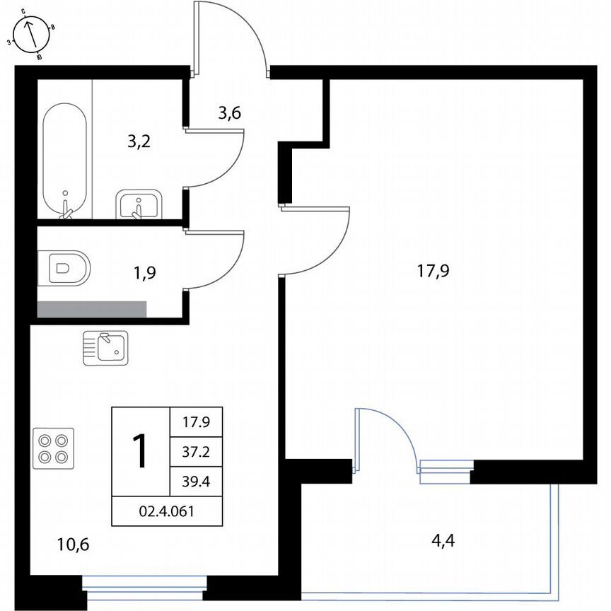 1-к. квартира, 39,4 м², 2/3 эт.
