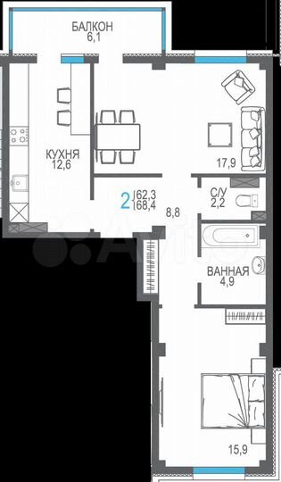 2-к. квартира, 68,4 м², 2/9 эт.