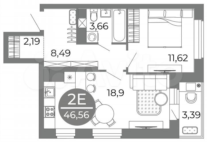 2-к. квартира, 46,6 м², 10/25 эт.