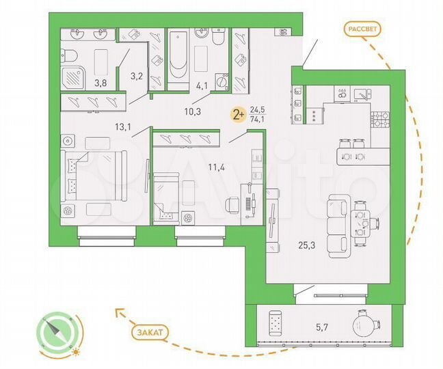 2-к. квартира, 74,1 м², 2/9 эт.