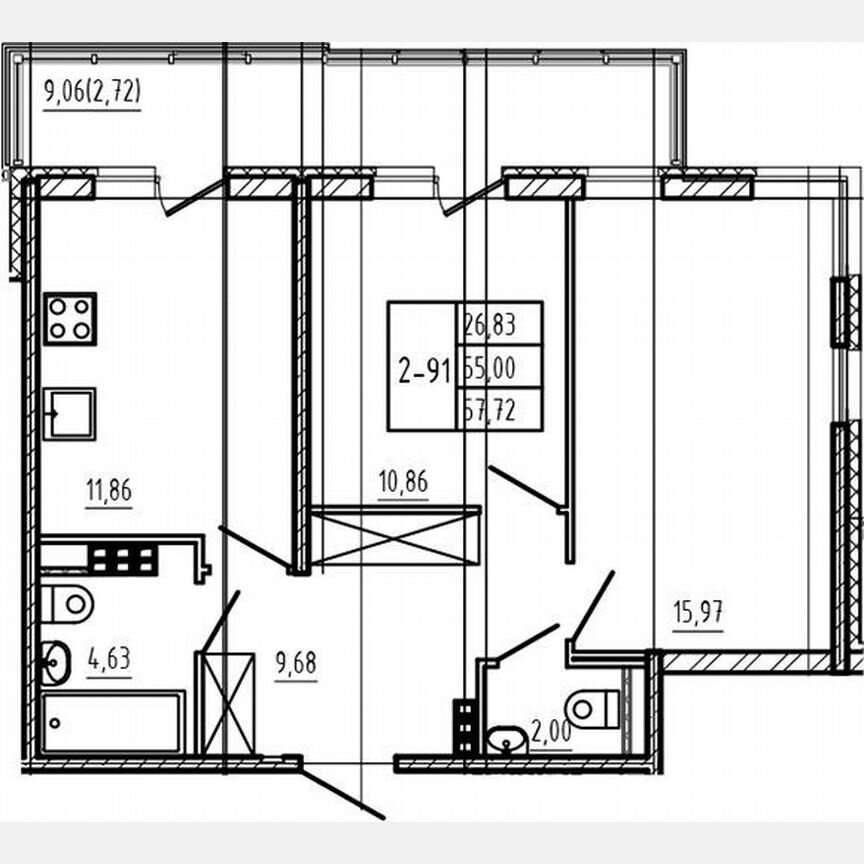 2-к. квартира, 55 м², 4/4 эт.