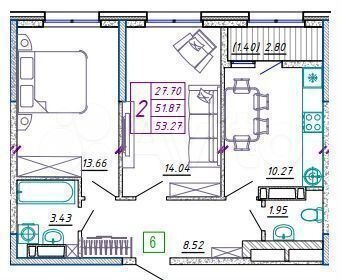 2-к. квартира, 53,3 м², 13/20 эт.