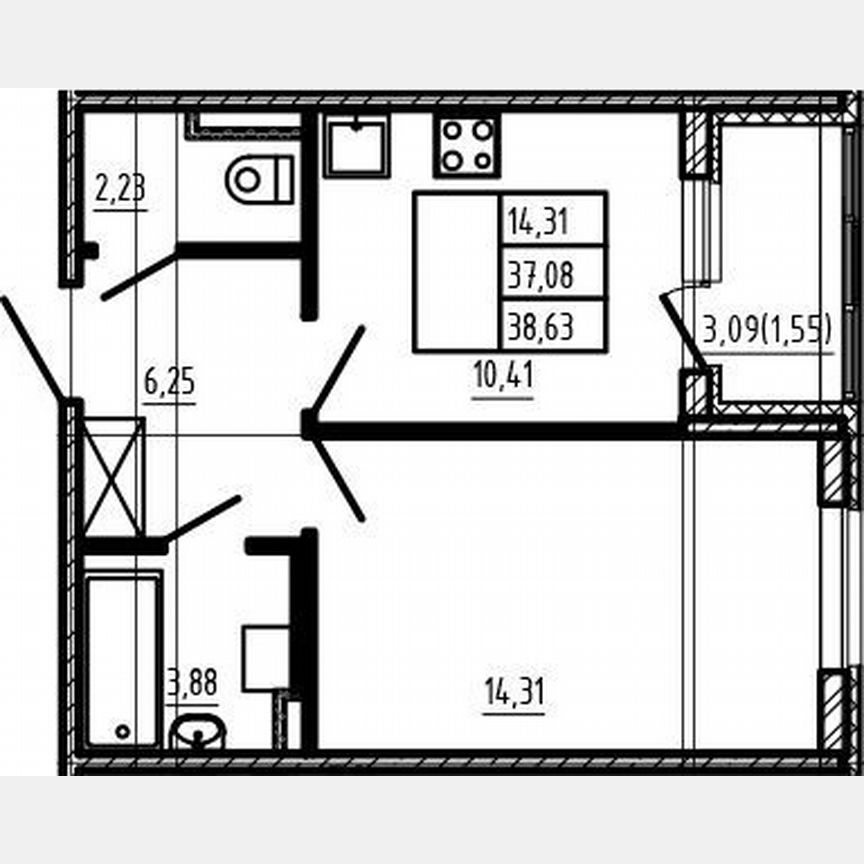 1-к. квартира, 37,1 м², 1/4 эт.