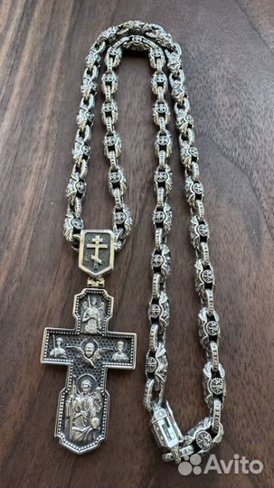 Серебряная цепь 12 ликов святых и крест