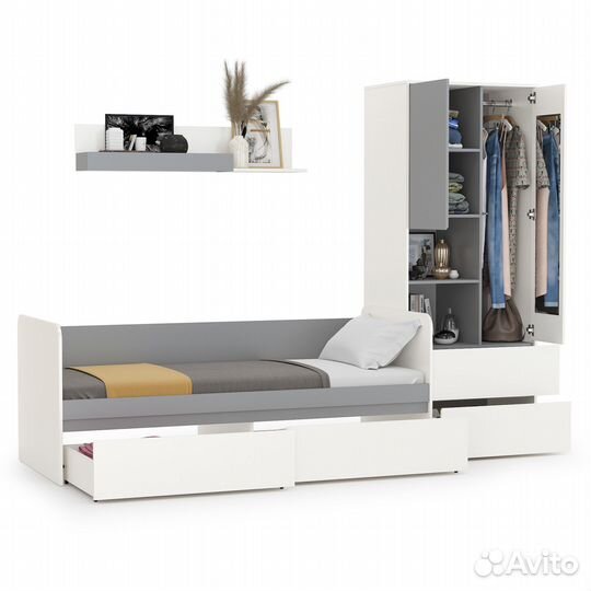 Детская мебель Торонто № 20, цвет белый шагрень/стальной серый, шхгхв 274х84,4х195,7 см., спальное м