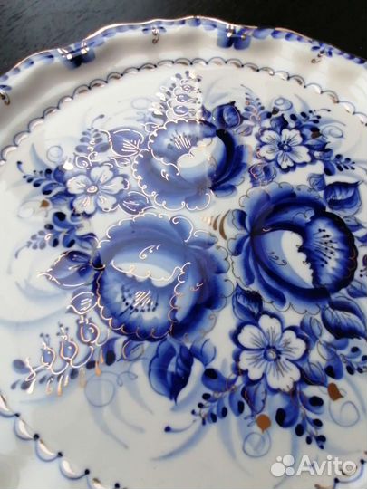 Блюдо фарфор Гжель Синь России, ручная роспись