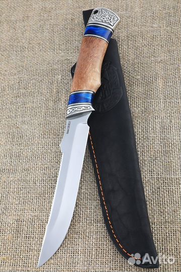 Нож Рыбак 2 сталь S390, рукоять акрил синий и каре