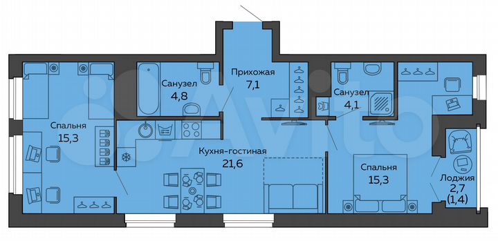2-к. квартира, 69,6 м², 6/25 эт.
