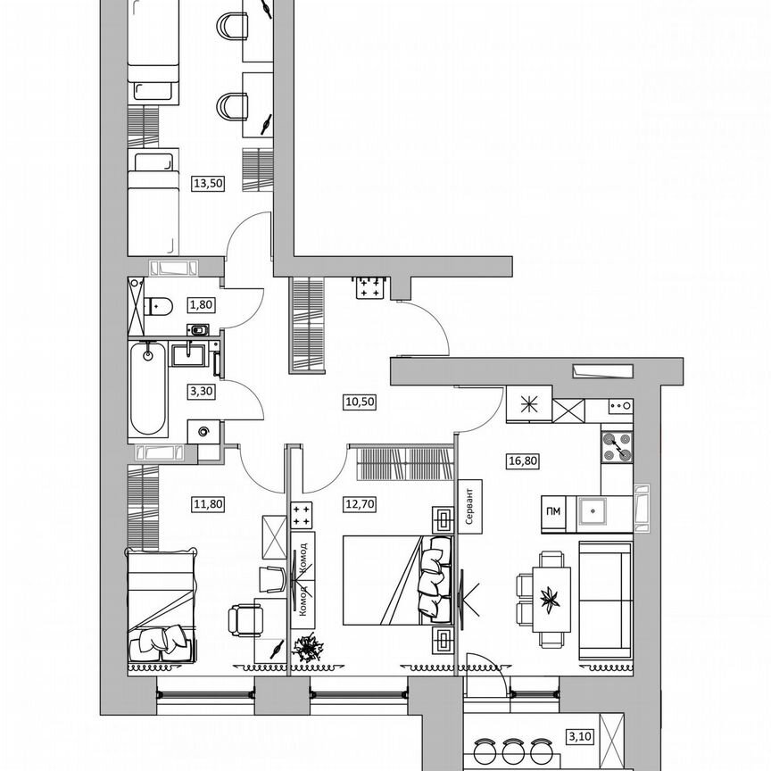 3-к. квартира, 73,4 м², 13/16 эт.