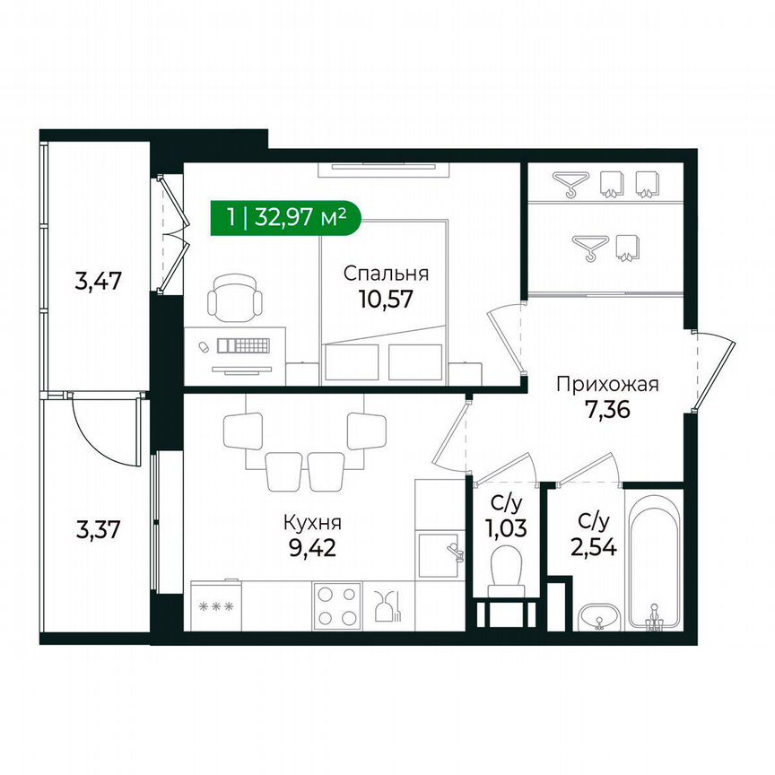 1-к. квартира, 33 м², 3/8 эт.