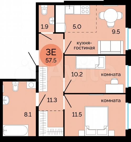 3-к. квартира, 57,5 м², 13/14 эт.