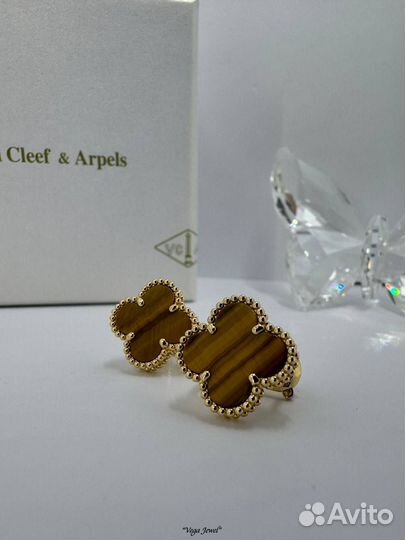 Золотые серьги Van Cleef тигровый глаз