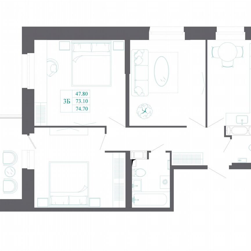 3-к. квартира, 74,7 м², 12/19 эт.