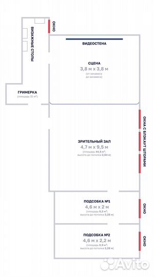 Почасовая аренда зала 67 м² со сценой (до 40 чел.)