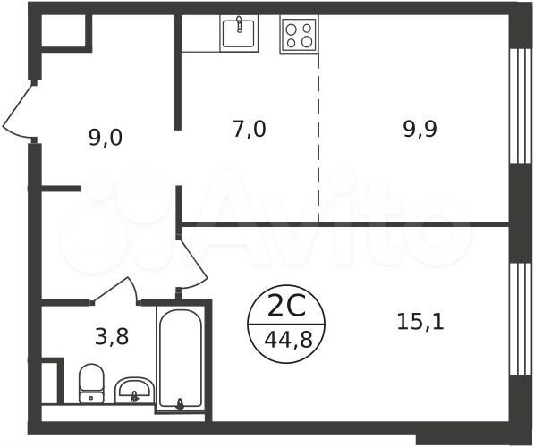 2-к. квартира, 44,8 м², 3/9 эт.