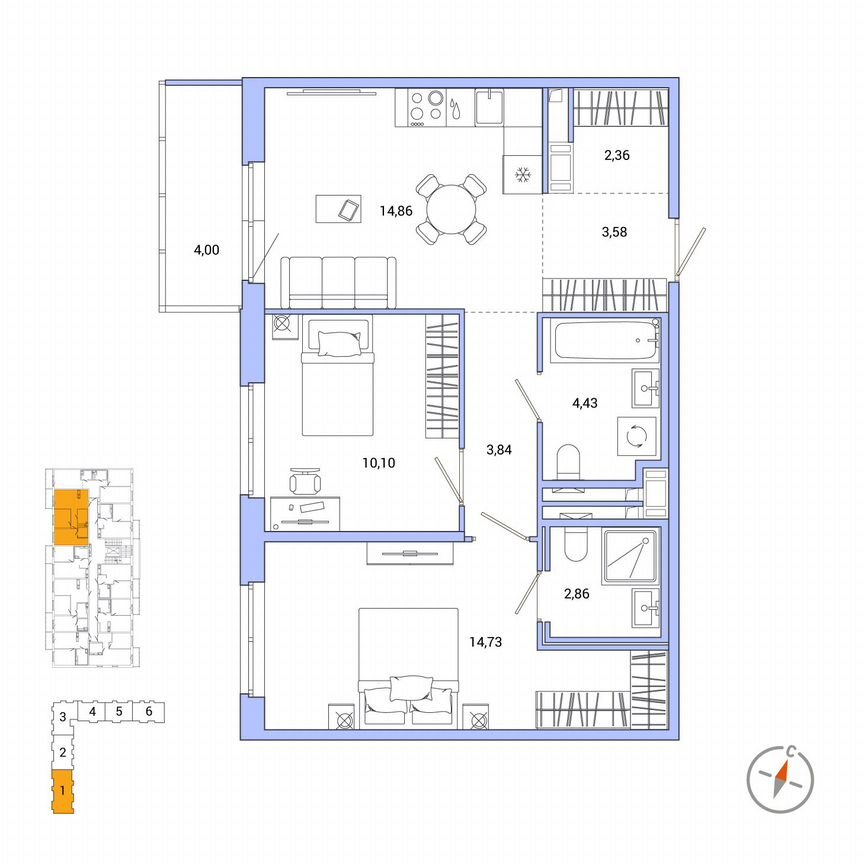 2-к. квартира, 58 м², 4/7 эт.