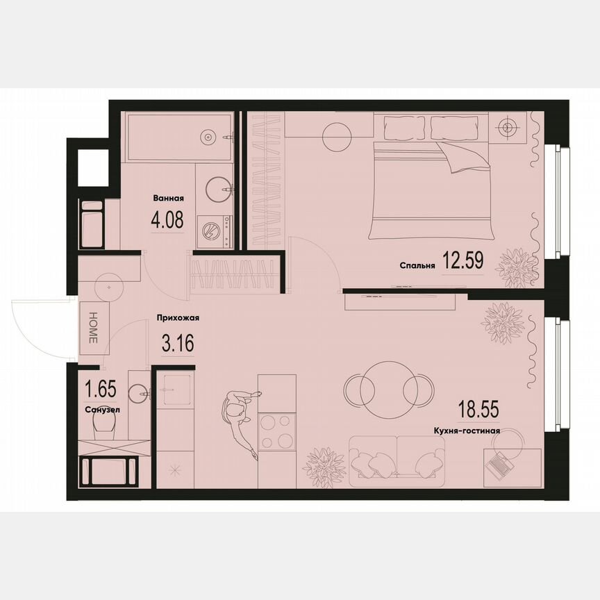 1-к. квартира, 40 м², 2/12 эт.