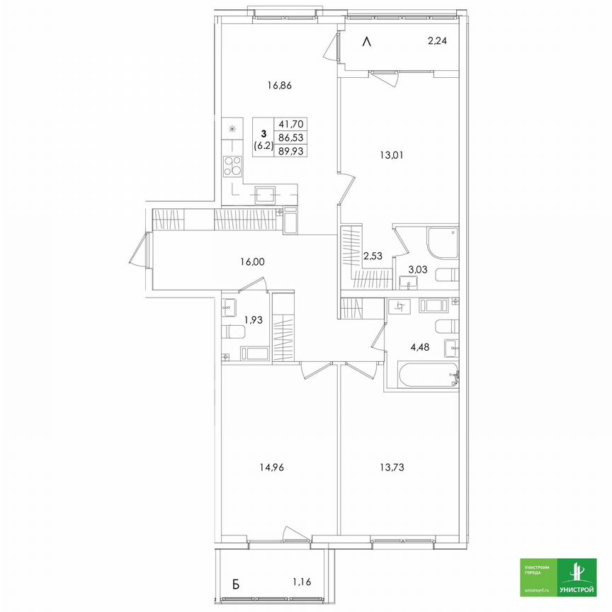 3-к. квартира, 89,9 м², 3/5 эт.