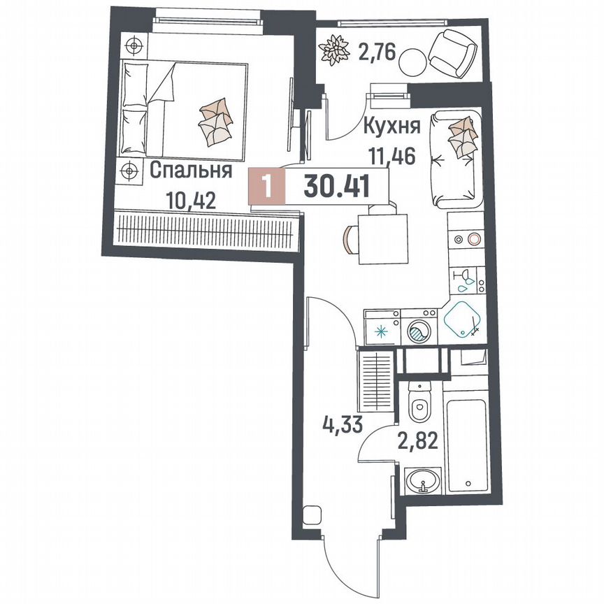 1-к. квартира, 30,4 м², 13/18 эт.