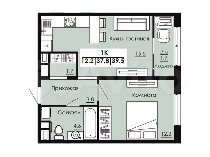 1-к. квартира, 39,5 м², 6/9 эт.