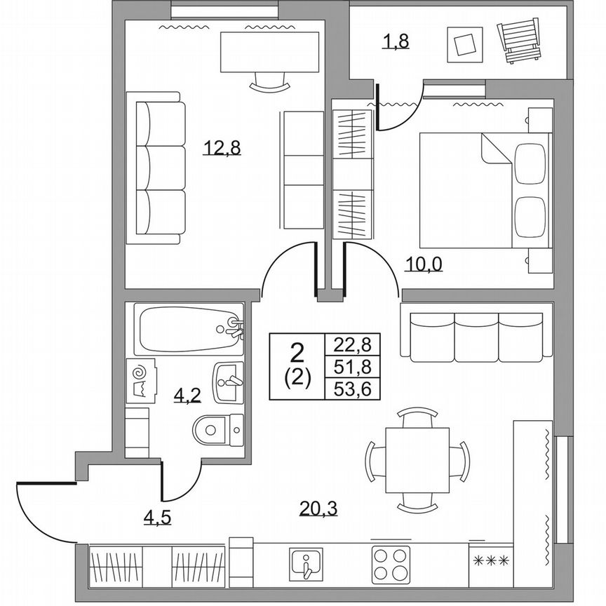 2-к. квартира, 53,6 м², 7/8 эт.