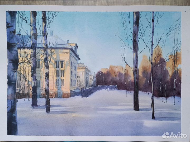 Акварельная картина 30*40 Зимний вечер