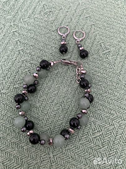 Браслет, Серьги, агат / гематит