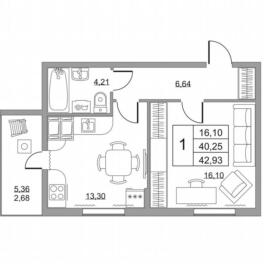 1-к. квартира, 42,9 м², 17/19 эт.