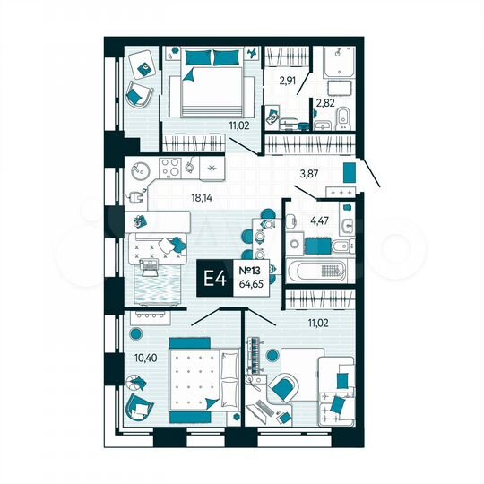 3-к. квартира, 64,7 м², 2/15 эт.