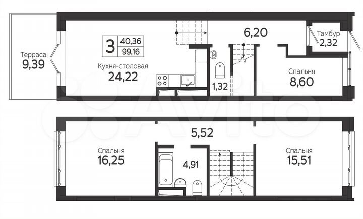 3-к. квартира, 99,2 м², 1/22 эт.