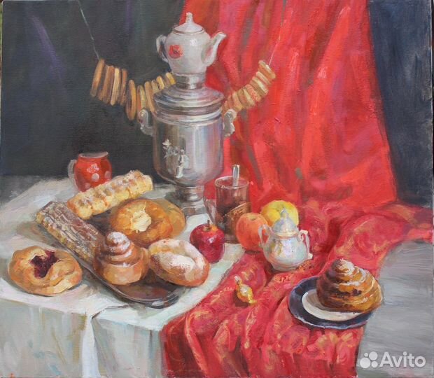 Картина маслом. Русский натюрморт с самоваром