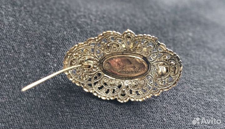 Брошь бирюза лазурит/винтаж, филигрань латунь