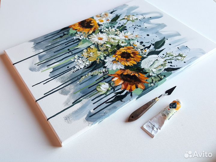 Картина маслом цветы Ромашки и Подсолнухи яркая