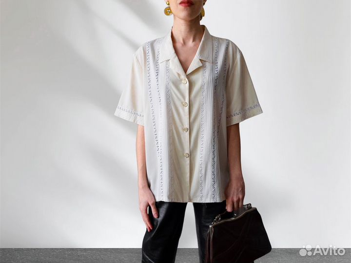 Винтажная кремовая блузка / рубашка с кружевом