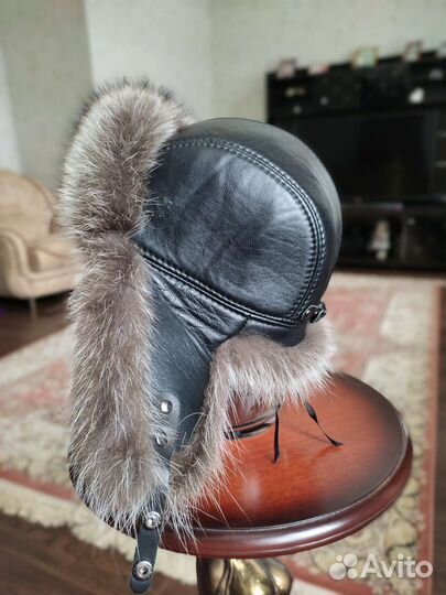 Шапка ушанка кожа мех размер 55-56