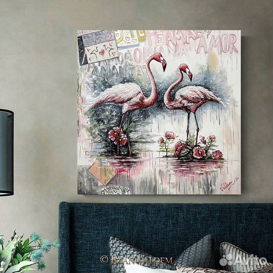 Современная картина, Фламинго, 80х80см, Птицы