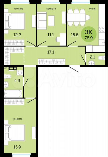 3-к. квартира, 78,9 м², 6/17 эт.