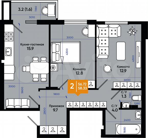 2-к. квартира, 58,3 м², 5/9 эт.