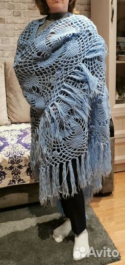 Платок шаль шерсть ажурная ручной вязки