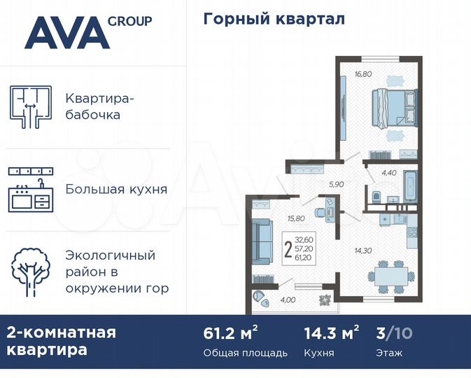2-к. квартира, 61,2 м², 3/10 эт.